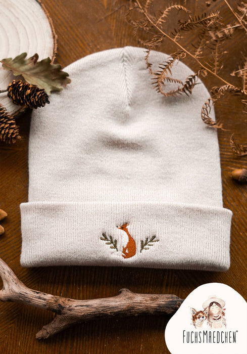 Broderad räv mössa sandfärgad unisex one size