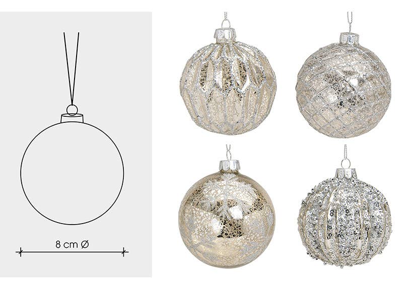 Julgranskula Glitter i glas, 4-pack, Silver Ø8cm