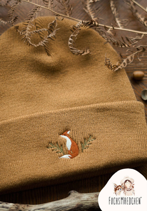 Broderad räv mössa karamellfärgad unisex one size