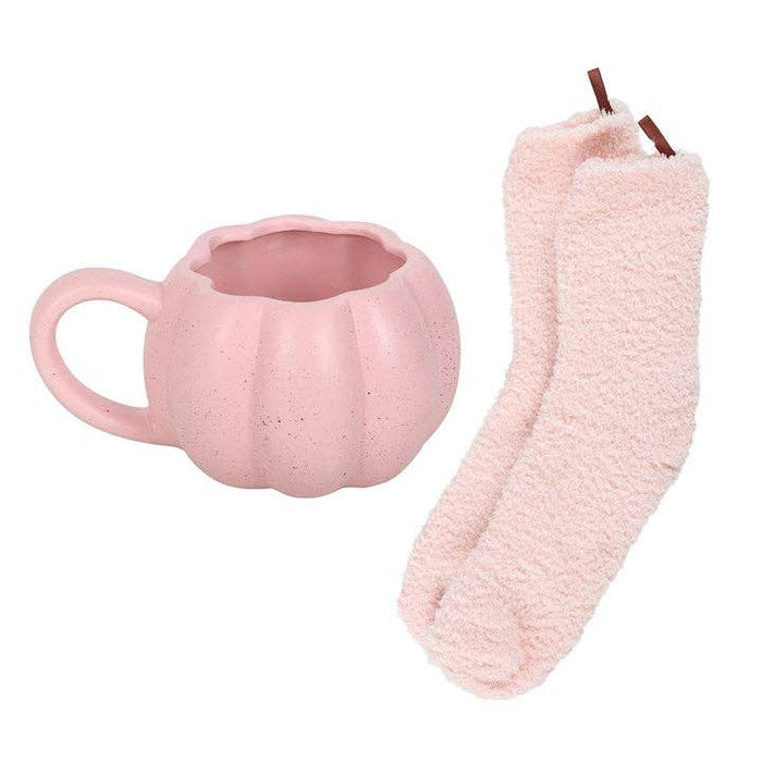 Set med rosa pumpa-höstmugg och strumpor