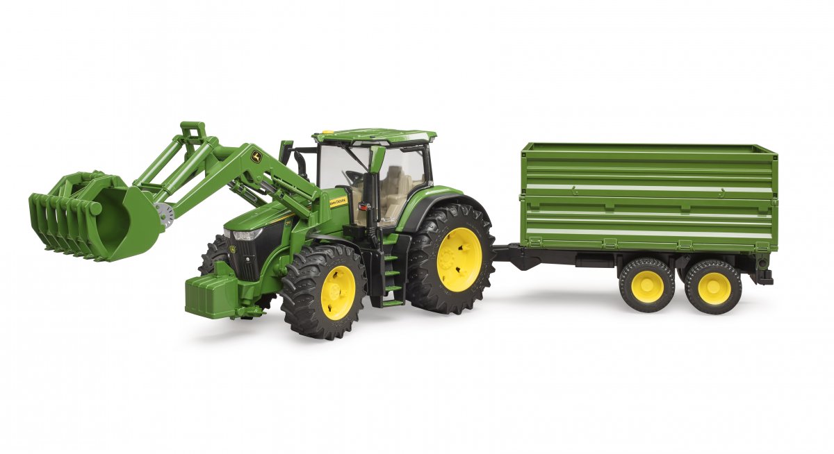 Bruder John Deere 7R 350 traktori etukuormaajalla ja perävaunulla - Primica Tools